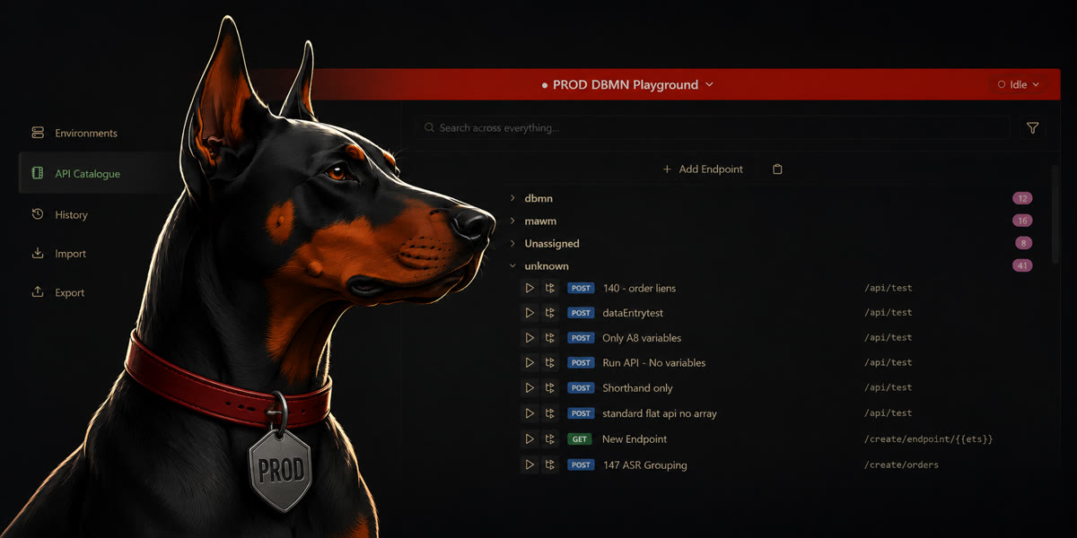 The DBMN Dobermann standing guard over a production environment, with the Hub header turned red.